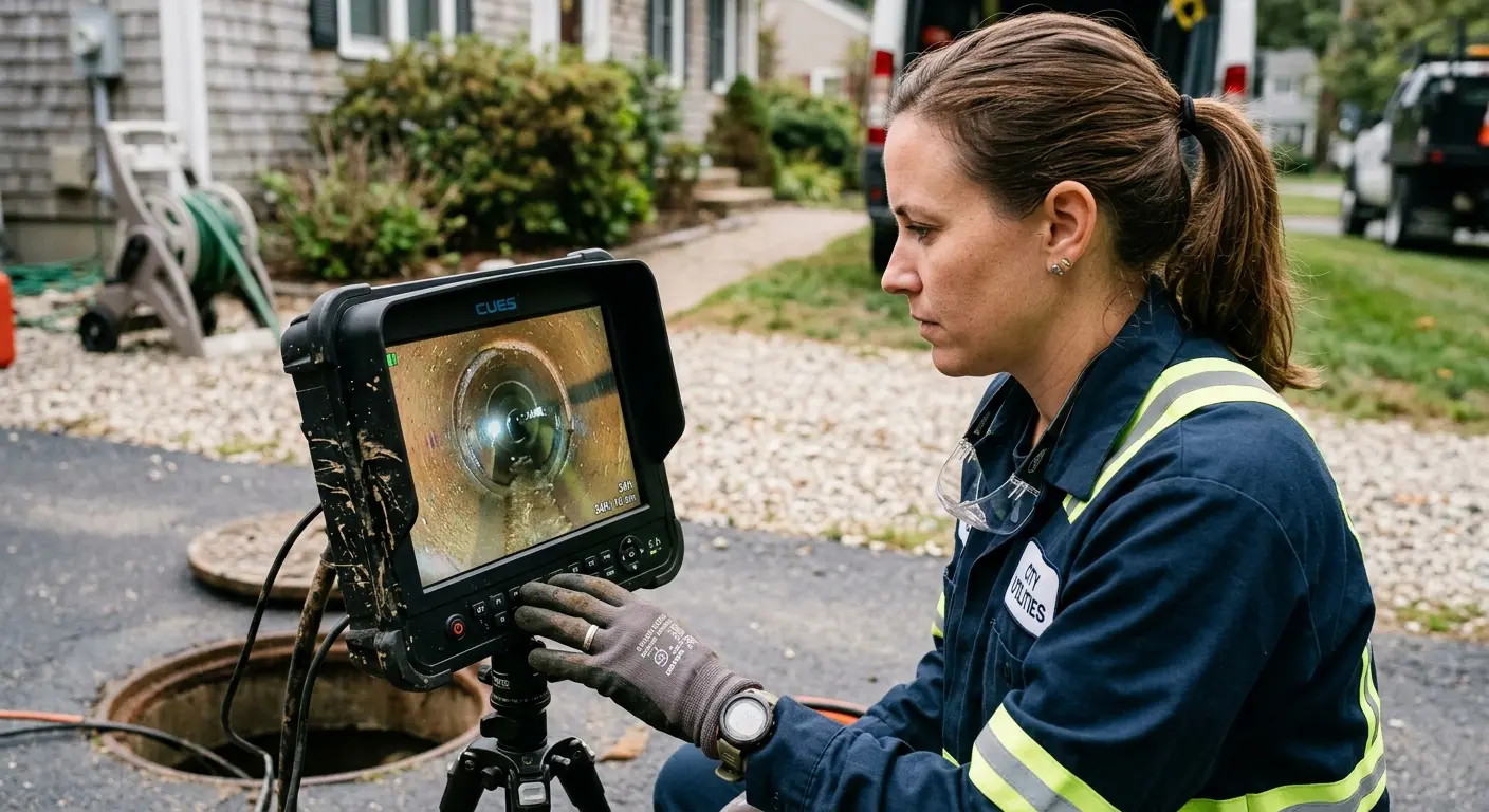 Technician reviewing sewer camera inspection footage in Lynnwood