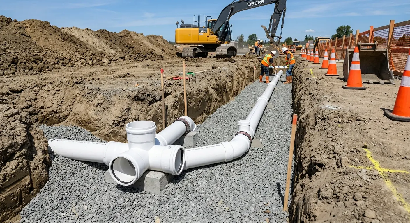 New PVC sewer pipe installation in open trench for Sewer Backup in Lynnwood