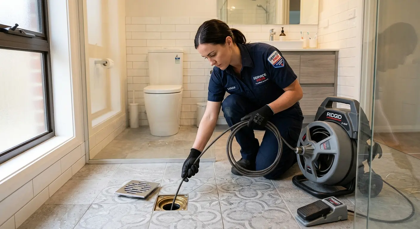 Technician clearing a bathroom floor drain for Sewer Line Replacement in Lynnwood